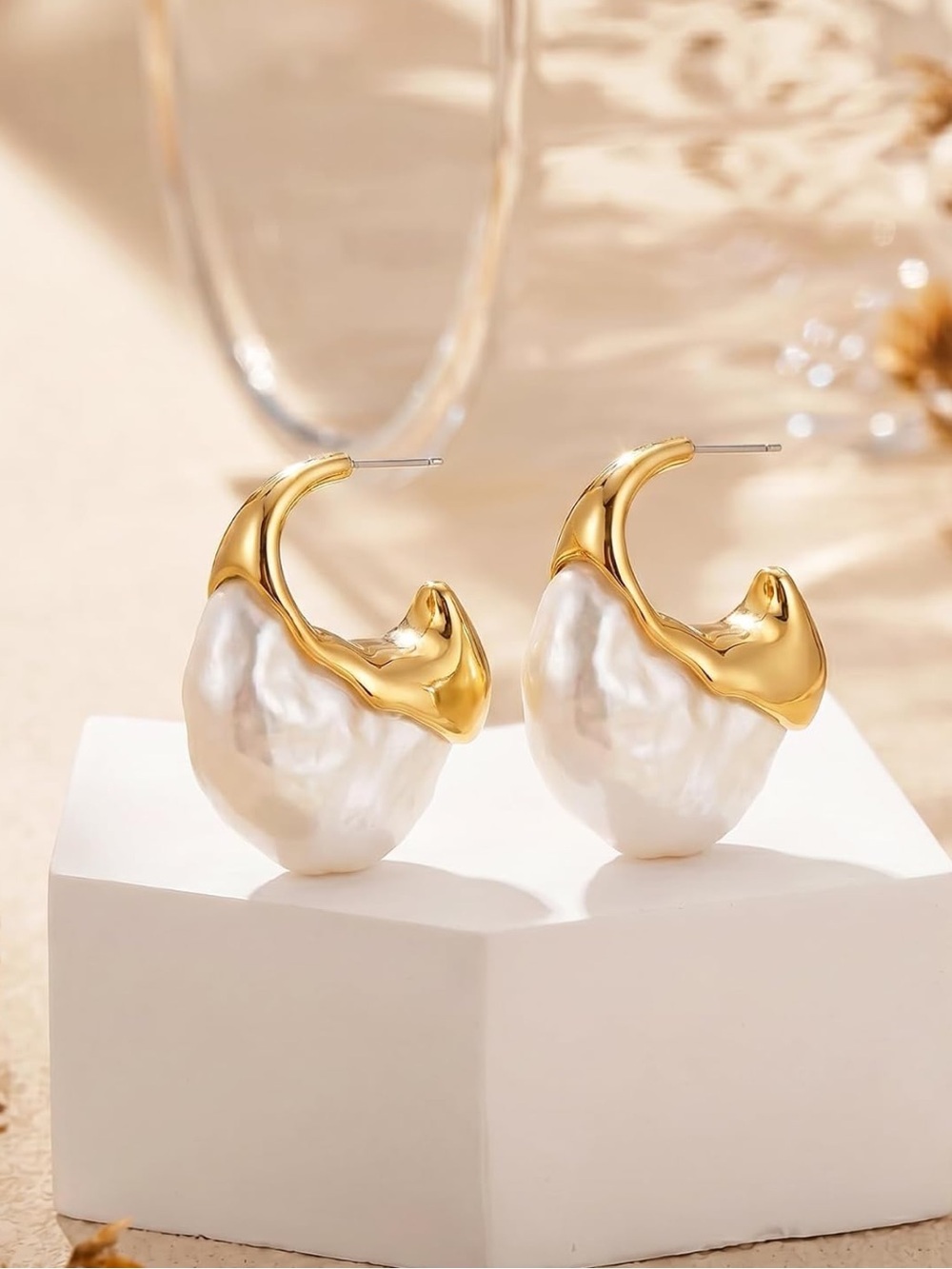 Gold Tone Organic Pearl Hoop Earrings | Chunky Statement Earrings | Lightweight